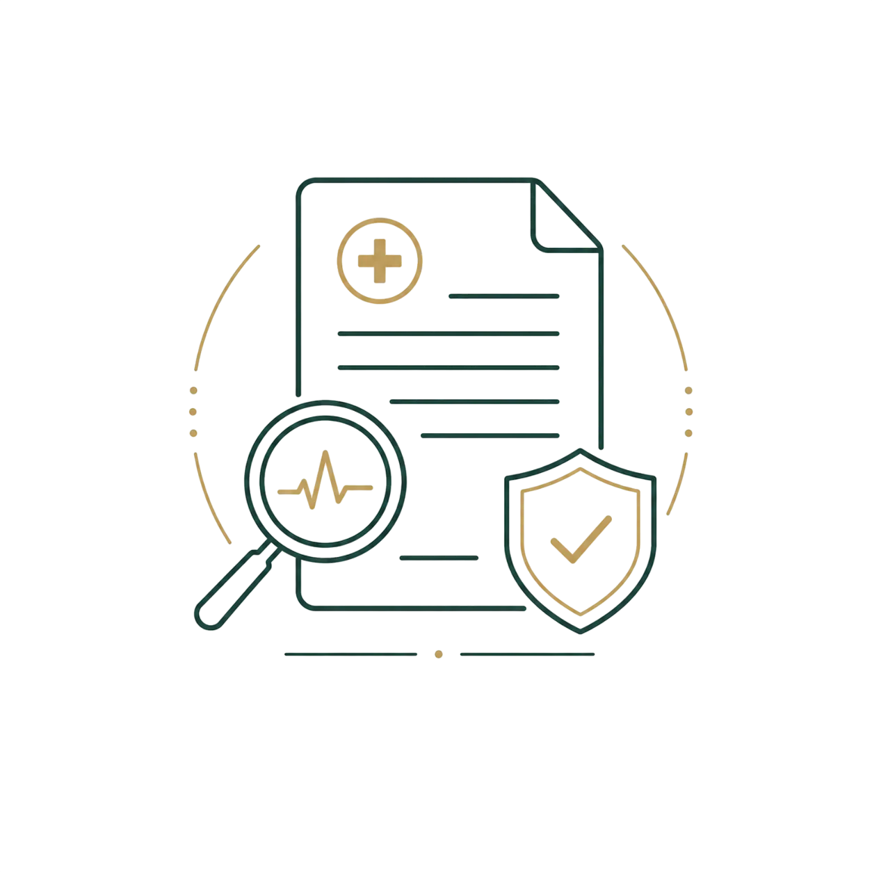 Ilustração de parecer médico com lupa e escudo de validação