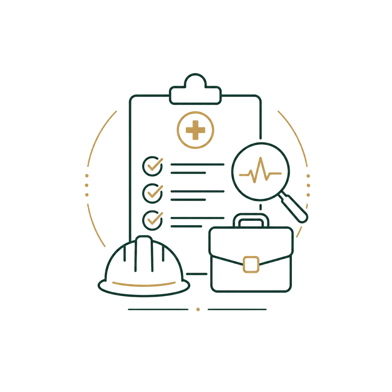 Ilustração de laudo médico com capacete de obra e maleta de trabalho