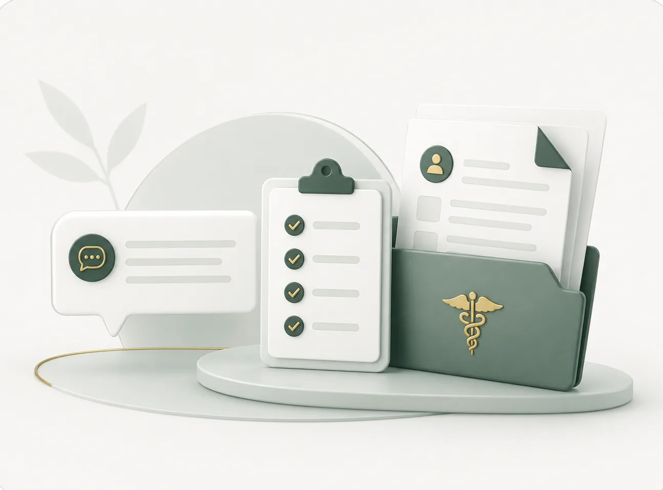 Mensagem, checklist e pasta médica representando a triagem do caso